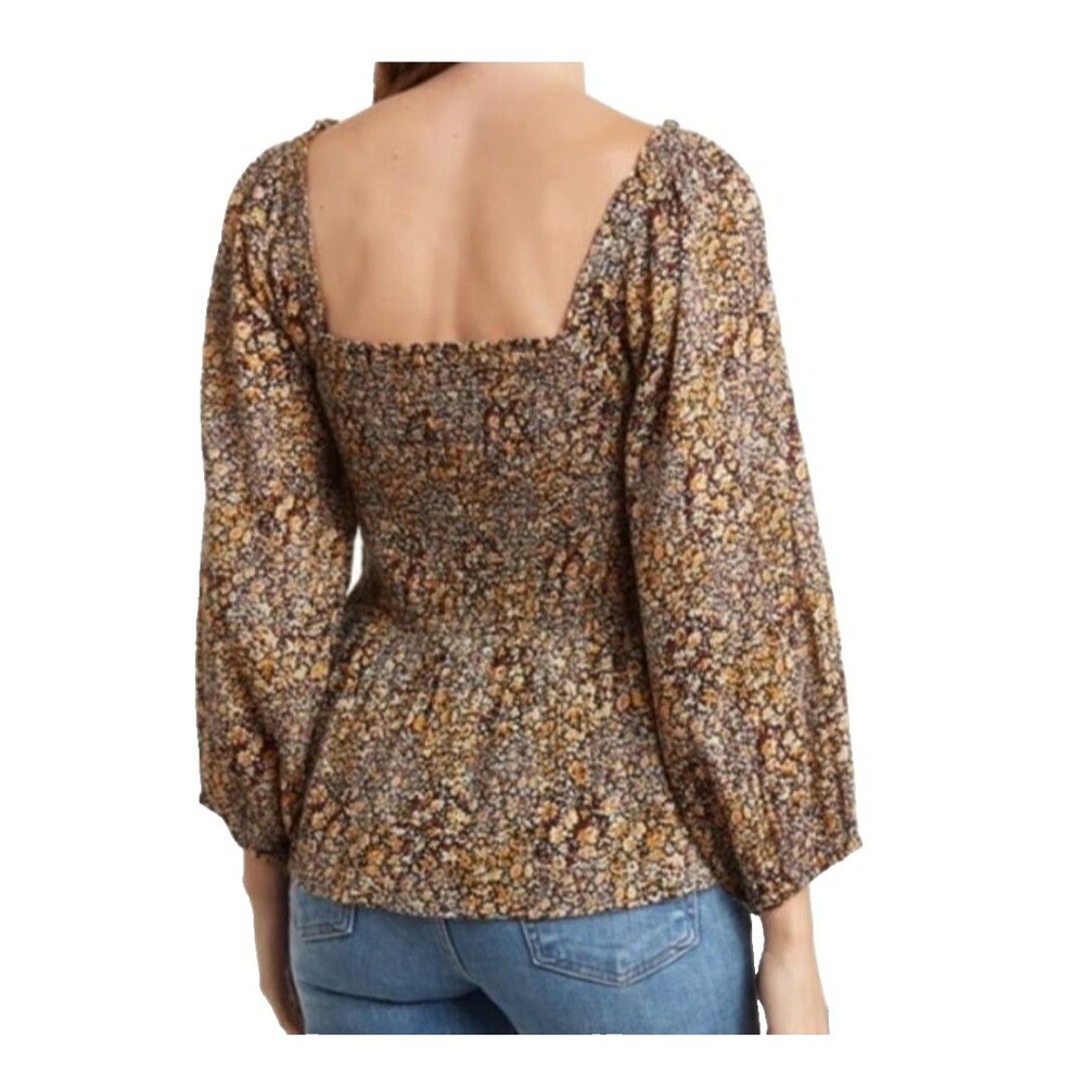 Madewell Women’s Top Size 4 Black Floral Cotton Smocked Balloon 3/4 Sleeve